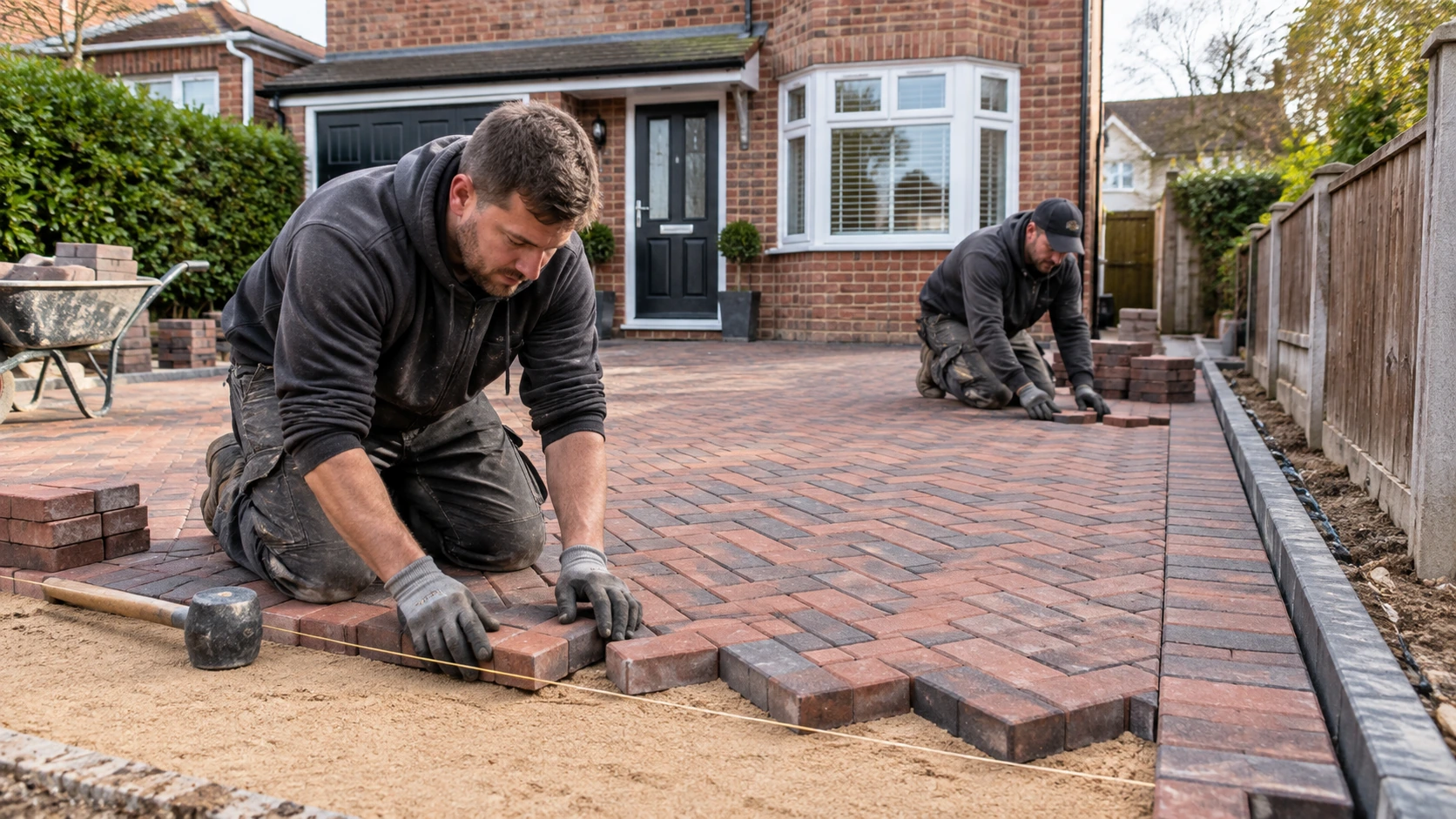 Two driveway installers setting red-brown and charcoal concrete block pavers into a prepared sand bed, precise herringbone layout, edging restraint, visible string line and rubber mallet, British house beyond.