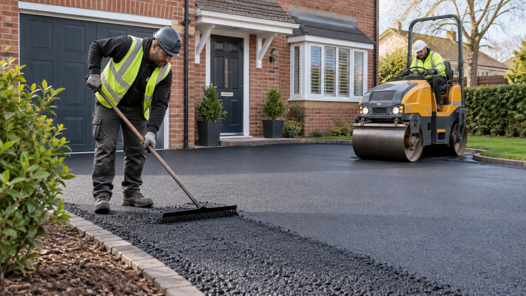 Driveway surfacing crew laying a broad new smooth black tarmac driveway beside a British brick house, one uses asphalt rake while another operates a small ride-on roller, safe separation, PPE, neat prepared edges.