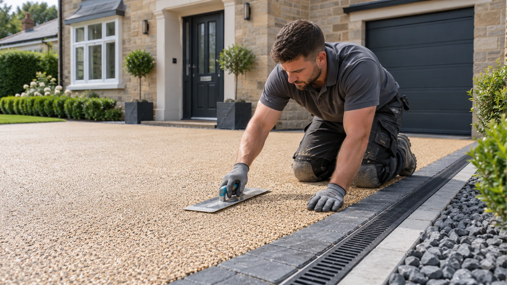 Installer in gloves and knee pads carefully trowelling tan resin-bound aggregate across a new driveway, small smooth stone texture, contrasting dark border and discreet drainage channel, elegant UK house setting.