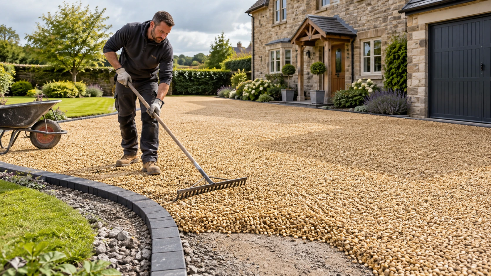 Landscaper raking golden loose gravel evenly across a spacious domestic driveway, stable prepared base and dark edging, visible gravel depth at unfinished small section, neat British garden background.