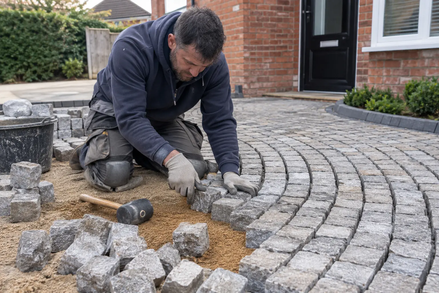 Cobblestone driveways — Paver in gloves and knee pads carefully setting small natural granite cobblestone setts into a sand base on a residential driveway, visible curved pattern and rubber mallet.