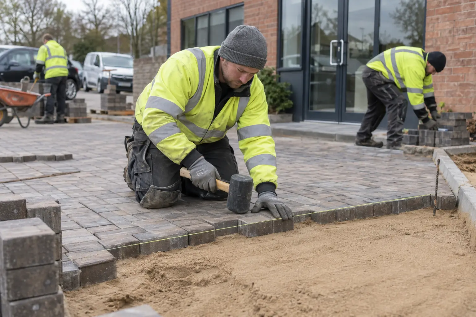 Commercial paving — Paving crew in high visibility workwear setting durable rectangular block paving at the entrance and parking area of a small business premises, string line, sand bed and rubber mallet clearly visible.