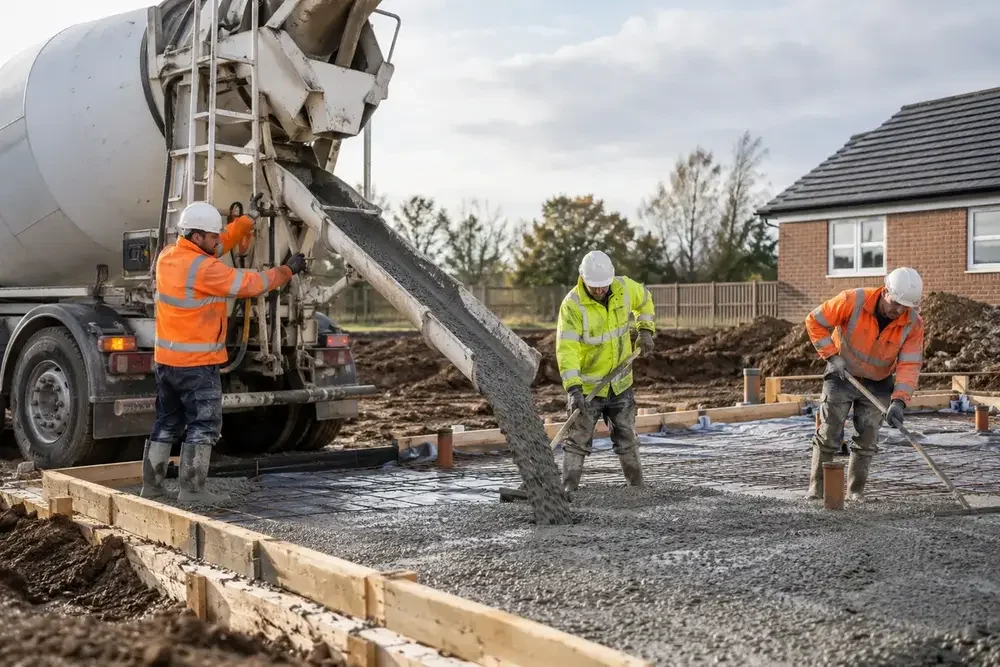 Concrete mixer discharging through a chute into a slab foundation