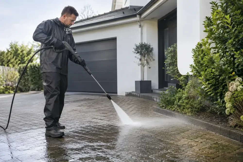 Technician pressure washing a block-paved driveway