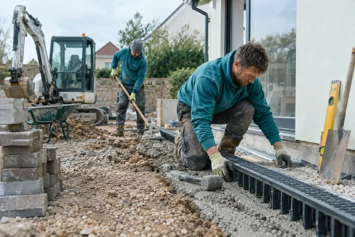 Groundworker installing a linear drainage channel beside paving