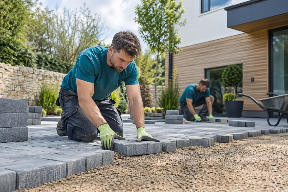 Paving installer setting concrete block pavers on sand