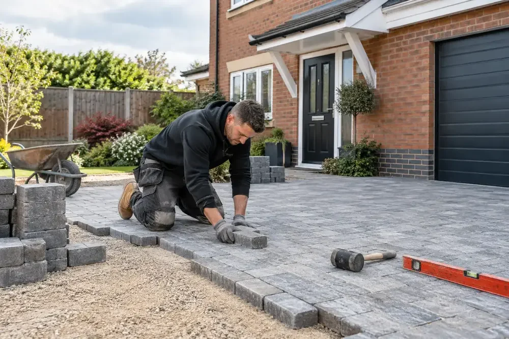 Worker laying concrete block paving on a residential driveway