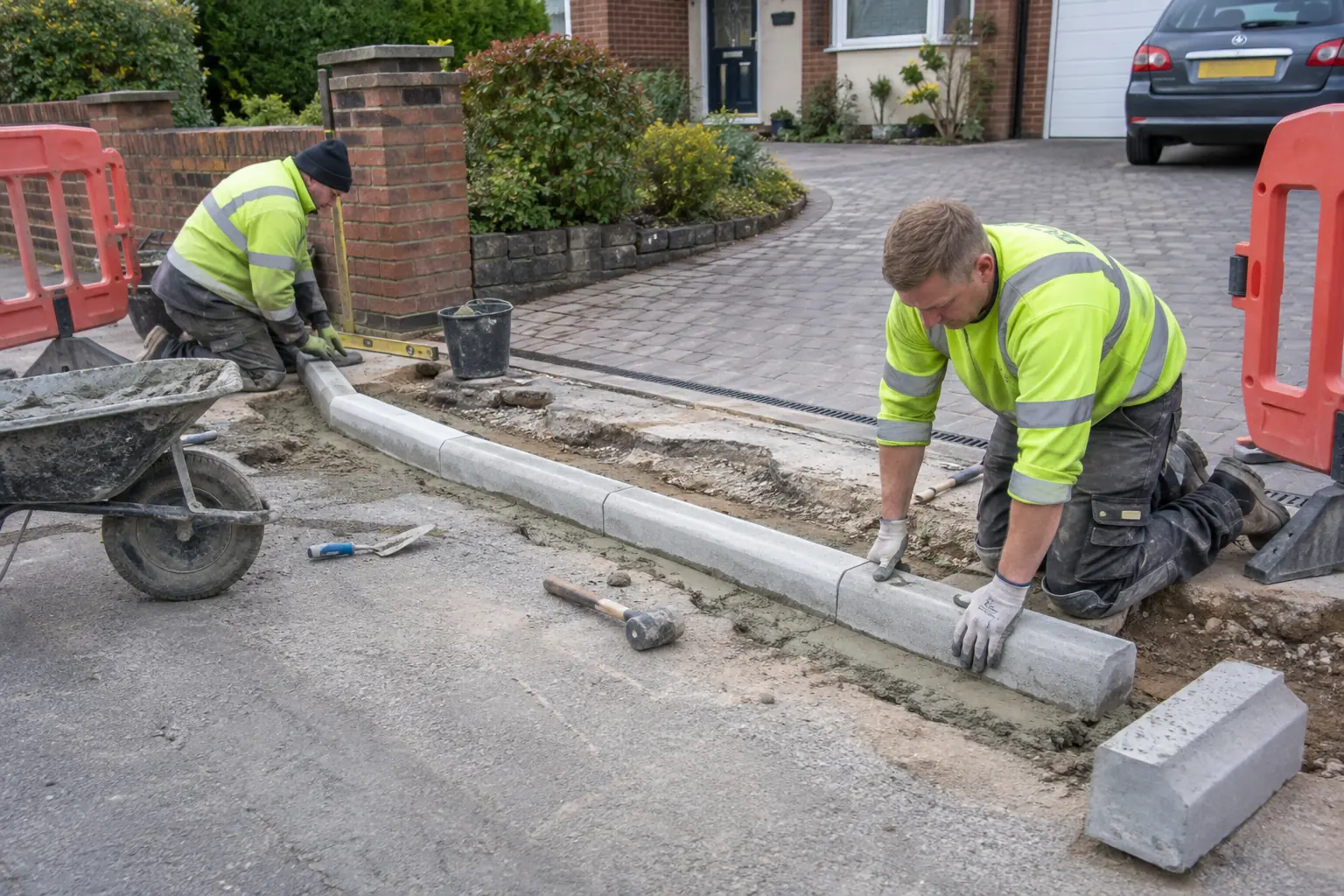 Driveway kerb installation — Paving workers installing low concrete kerbstones across the entrance of a residential driveway, lowered access kerb profile and mortar bed clearly visible, pavement work area separated with barriers, gloves and safe tools.