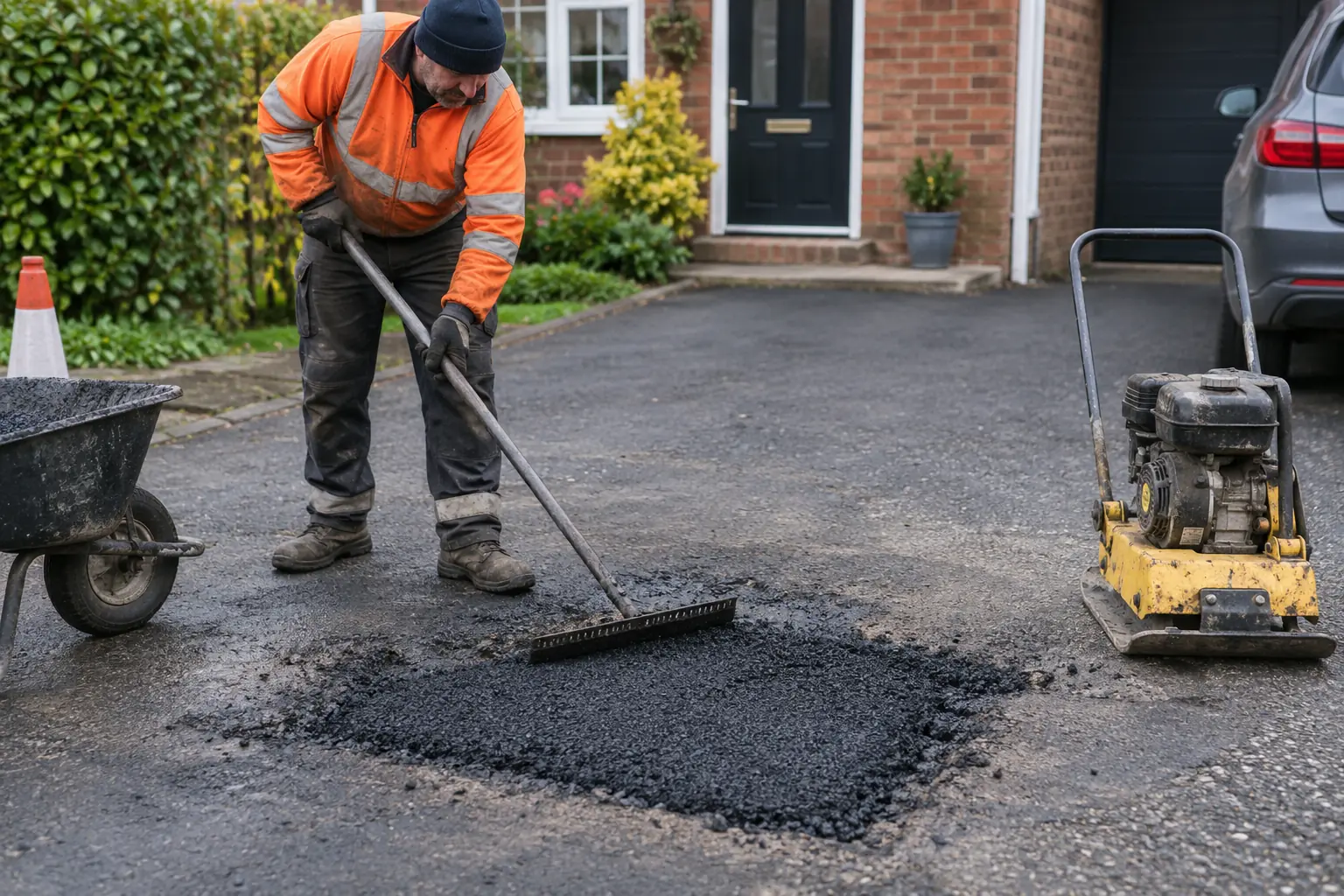 Driveway pothole repairs — Road surfacing worker repairing a clearly defined pothole in a UK domestic tarmac driveway, fresh dark asphalt patch, asphalt rake and small pedestrian plate compactor, PPE and clear work area.