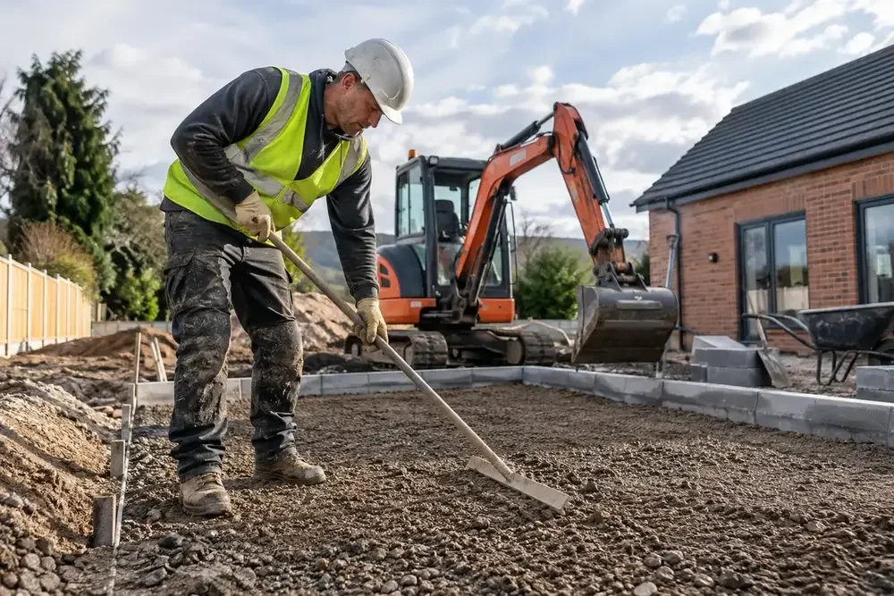 Groundworker levelling an aggregate base beside a mini excavator