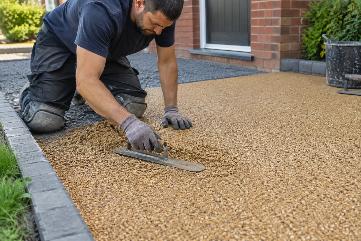 Resin driveways — Installer wearing knee pads and gloves trowelling tan resin-bound gravel evenly across a residential driveway, clear pebble aggregate finish and steel finishing trowel, neat edging.